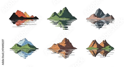 Pixelated Mountain Range Set Reflected In Water with Color Variations on White Background