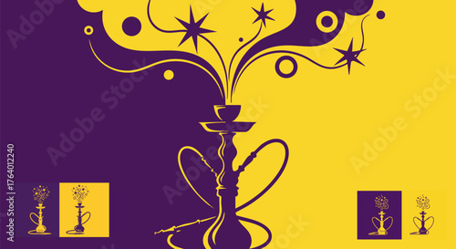 Hookah lounge design with purple and yellow colors creating a vibrant atmosphere
