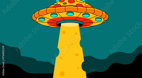 Pizza ufo beaming down cheesy light in a cartoonish and humorous illustration