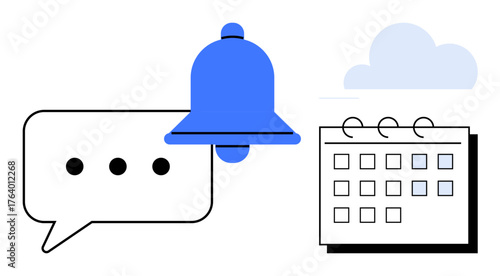 Bell for alerts, chat bubble, calendar, and cloud icon signify reminders, planning, messaging, and digital data. Ideal for communication, scheduling productivity teamwork technology data
