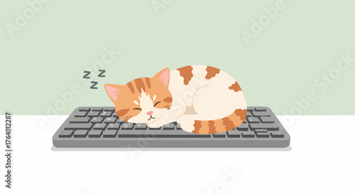 Cute cat napping peacefully on a computer keyboard in a cozy home office setting