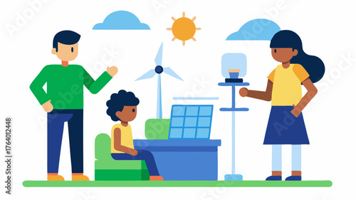An educational setup where children learn about renewable energy at a solar and wind energy demonstration site surrounded by interactive exhibits.