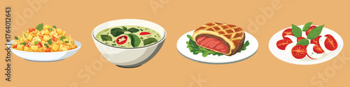 Illustration of various dishes: pasta, soup, beef Wellington, and caprese salad, vector set