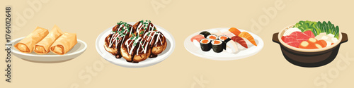 Illustration of Asian dishes: spring rolls, takoyaki, sushi, and hot pot, vector set