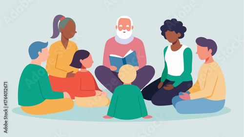 A thoughtful moment as neighbors sit together at a storytelling corner listening to a local elder share tales of community history.