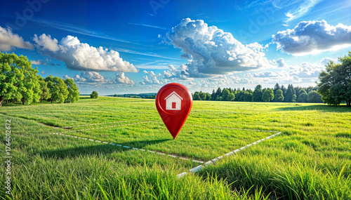 Red Location Marker on Green Land Plot