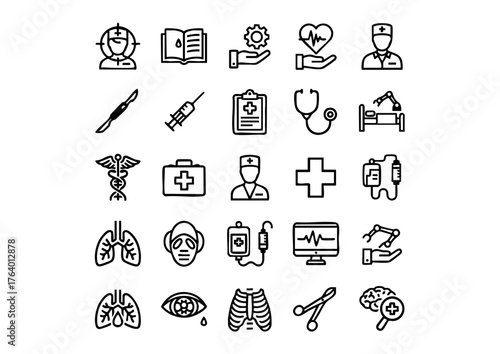 Surgical Essentials: 25 Vector Icons for Medical Design, Black and White Surgeon & Hospital Icon Set, Vector Surgeon Tools: A Comprehensive 25-Icon Collection