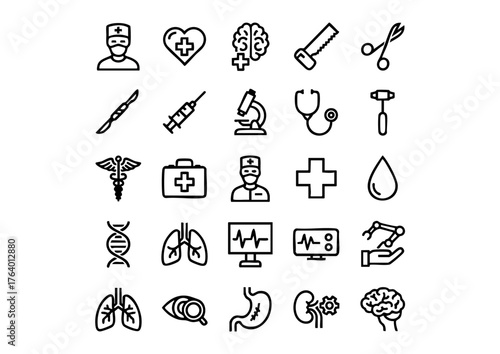 Surgical Essentials: 25 Vector Icons for Medical Design, Black and White Surgeon & Hospital Icon Set, Vector Surgeon Tools: A Comprehensive 25-Icon Collection