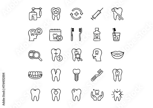 Dental Care Essentials: 25 Vector Icons for Dentistry, Black and White Dentist & Oral Health Icon Set, Thick Line Dentistry Tools: A 25-Icon Collection