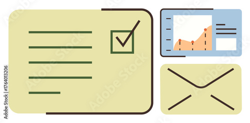 Checklist with tick box, envelope icon, and analytics graph panel highlighting organization, productivity, and communication. Ideal for planning, teamwork, progress, reporting workflow business