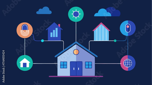 An illustration showing a network of smart thermostats in a building adjusting temperatures based on occupancy data and energy usage analytics.