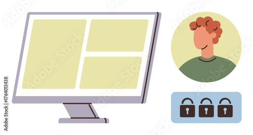 Computer screen displaying content beside a user profile and lock icons, emphasizing online security. Ideal for login, privacy, cybersecurity, user access, data protection, safe browsing, simple flat