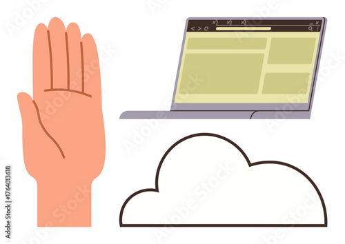 Raised hand implying restriction, laptop screen layout symbolizing online activity, and a cloud representing cloud storage. Ideal for online security, cloud computing, data protection, access