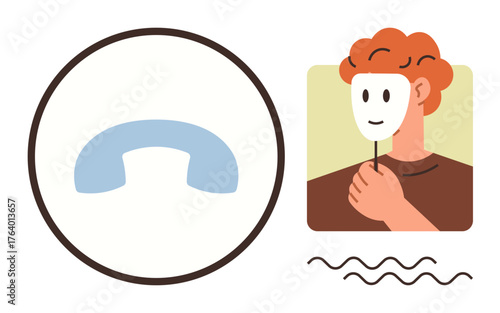 Masked person holding a white mask symbolizing hidden identity or deception near a phone receiver. Ideal for themes thumbs up security, anonymity, miscommunication, fraud, impersonation, privacy