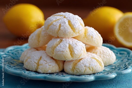 Delicious lemon cookies on a blue plate