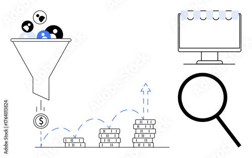 Funnel with users converting to profit, magnifying glass symbolizing analysis, graph with growing stacks of coins, monitor representing tracking. Ideal for marketing, conversions, analytics, sales