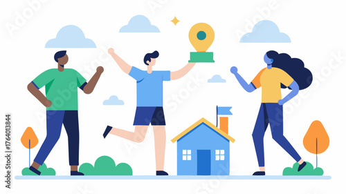 Neighbors track a community fitness challenge through a shared app celebrating milestones with virtual highfives and badges.