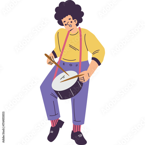Person Playing Drum with Sticks in Yellow Shirt Purple Pants and Pink Socks with Suspender Straps and a White Background