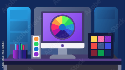 An illustration of a color grading room showing a monitor with vibrant color wheels and sophisticated grading software surrounded by samples of color swatches.