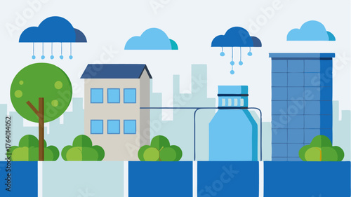 Rainwater harvesting systems installed on building rooftops directing collected water to irrigate urban gardens.