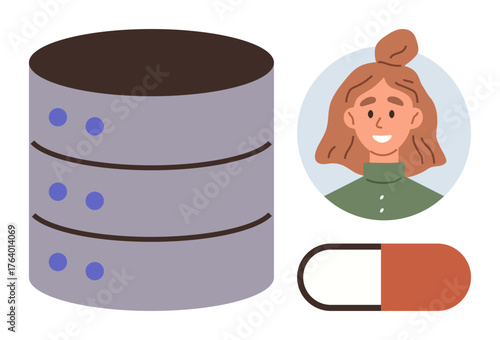 Data storage server beside a smiling female user profile and a medication pill icon. Ideal for healthcare, data management, user profiles, technology, medicine, database, modern interface. Simple