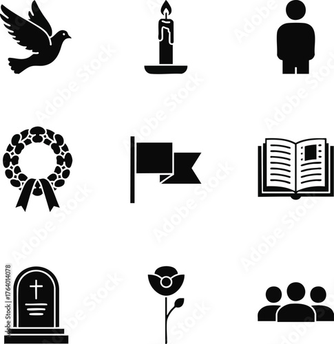 A collection of black silhouette remembrance and memorial icons