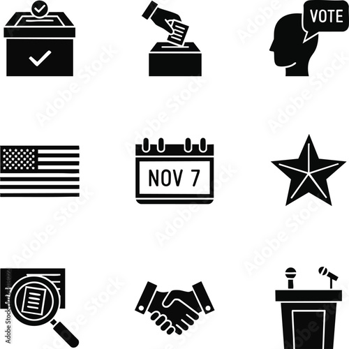 A collection of bold black silhouette icons representing elections, democracy, and civic participation