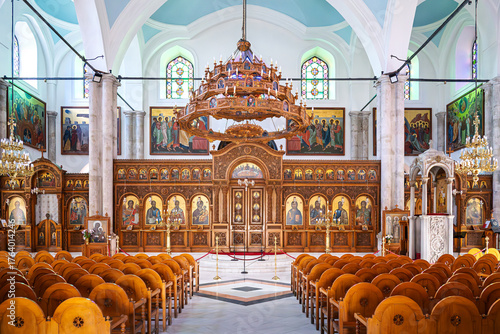The ornate interior of the Church of Saint Titus Agios Titos in the historic center of Heraklion, Greece, on the island of Crete.