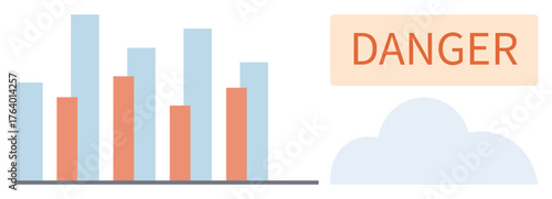 Bar chart with blue and orange bars, DANGER text in bold, cloud element in background. Ideal for risk assessment, warnings, data analysis, forecasting, caution messages, economic trends simple flat