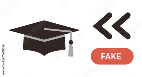 Academic graduation cap and 'fake' sign emblematic of diploma mills and fraudulent degrees
