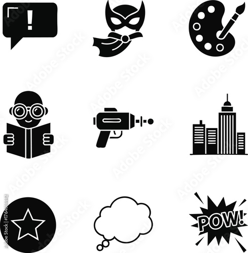 A set of diverse black and white icons featuring superhero, cityscapes, education, and art supplies