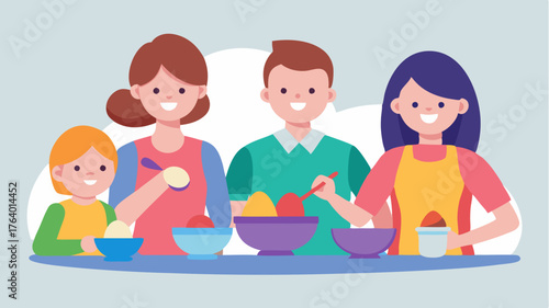 A family gathered around a table dyeing Easter eggs in various colors surrounded by bowls of paint and soft pastels.