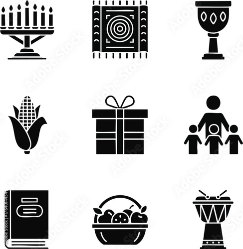 A set of diverse icons, a cultural representation. The black and white vector graphics are simple and stylized