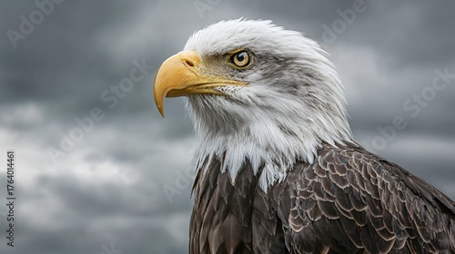 Majestic raptor head and shoulders portrait against stormy overcast sky