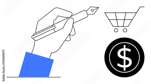 Hand using pen emphasizes decision-making, joined by shopping cart and dollar sign for commerce, budgeting. Ideal for e-commerce, marketing, finance, online shopping, decision-making