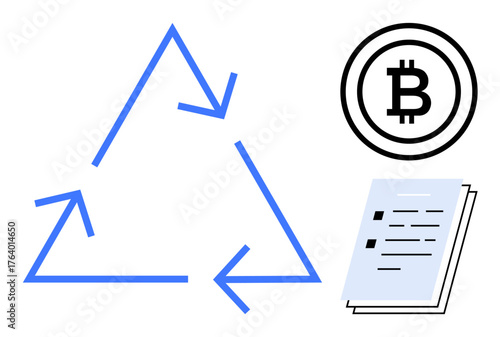 Cyclic arrows forming a triangle by Bitcoin logo and stacked document highlighting innovation. Ideal for cryptocurrency, blockchain process, recycling, finance, digital transactions. Simple flat