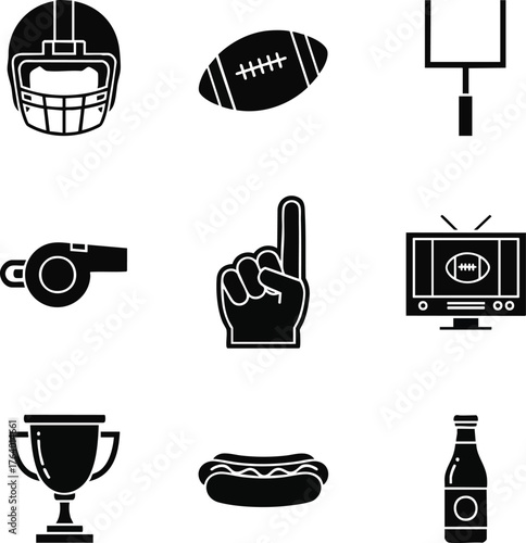 American football monochrome icon set illustration. Featuring helmet, football, foam finger, trophy, and food, it captures the sport's spirit