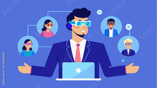 A business professional conducts a video call using augmented reality glasses allowing them to share presentations seamlessly while multitasking.