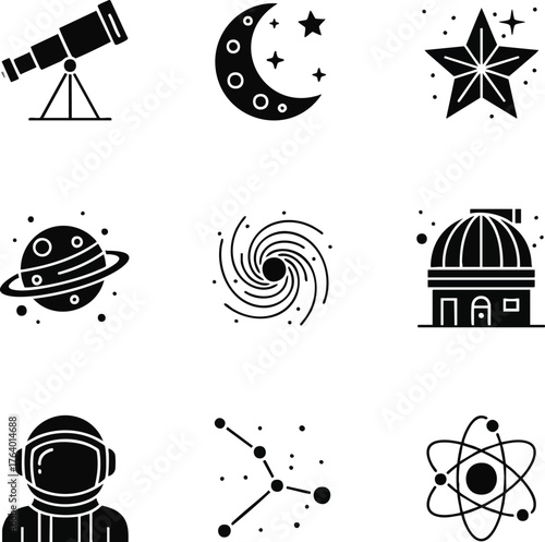 Astronomy and space exploration glyph icons set. This graphic features outer space elements, scientific concepts, and a cosmic theme
