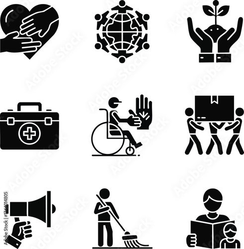 Black and white icons: charity, community, social responsibility, global teamwork, environmental care, medical aid, disability awareness, education, and volunteering