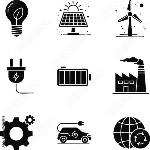 Black and white icons depicting renewable energy resources