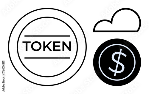 Currency token and dollar coin with simple cloud icon emphasizing cryptocurrency, blockchain, fintech, economy, investment, online payment, digital transformation. Bold simple flat metaphor