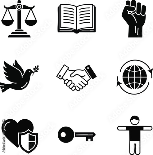 Black and white icons representing human rights, justice, peace, education, and social issues