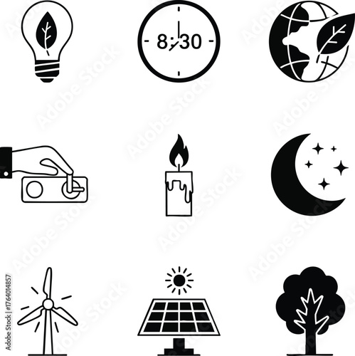 Black and white line icons for Earth Hour, energy conservation, and sustainability