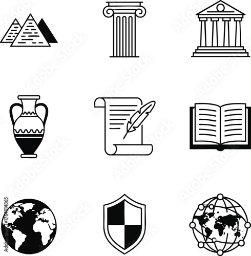 Black and white line art icons representing history, learning, and protection