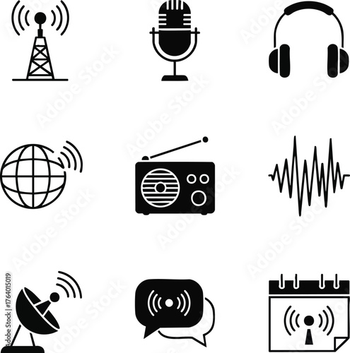 Black and white vector illustration of radio broadcasting and communication elements