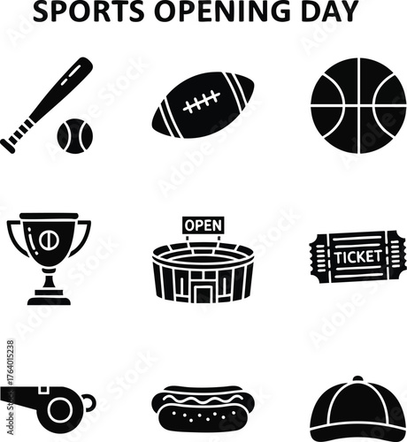 Black silhouette icons for sports opening day and game events. Includes popular equipment, stadium, ticket, and fan items
