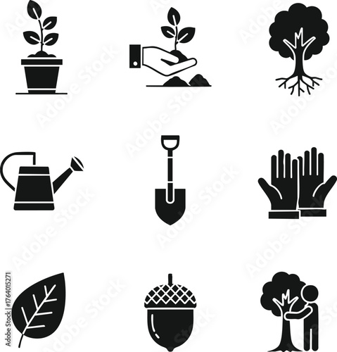Black silhouette icons representing gardening, planting, and environmental care. Features plants, trees, tools, and nature conservation