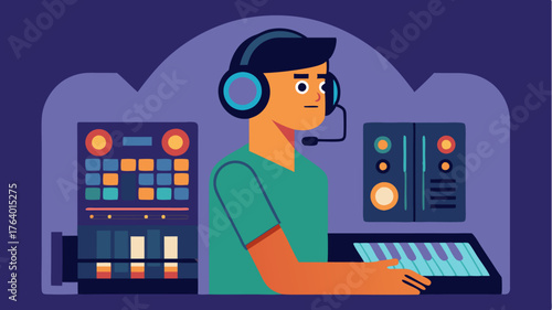 A dynamic scene showing a music producer wearing headphones finetuning the equalization settings via a digital audio interface.