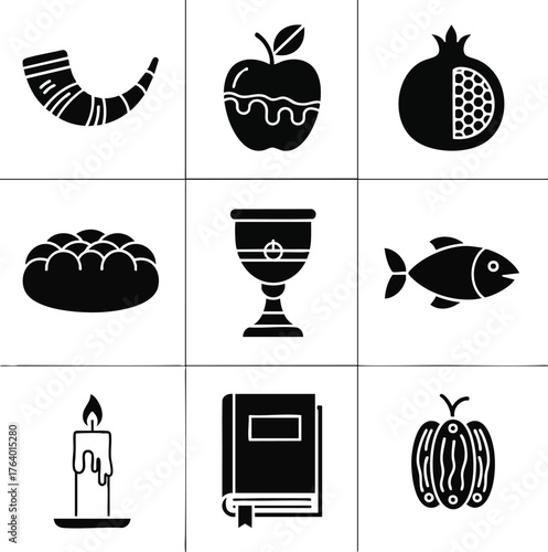 Black silhouette icons representing Jewish holiday symbols. Features shofar, apple with honey, challah, pomegranate, and kiddush cup
